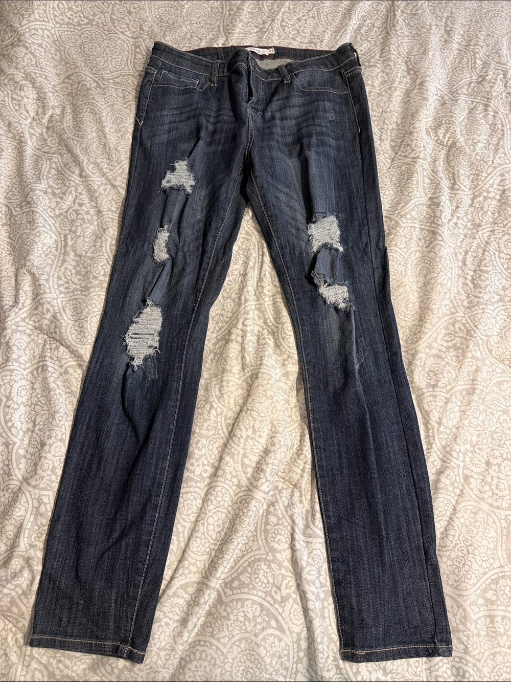 Cello Dark Blue Distressed Straight Leg Jeans